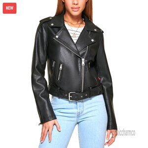 Faux Leather Moto Jacket with Belt, Asymmetrical Zipper, Regular & Plus Sizes